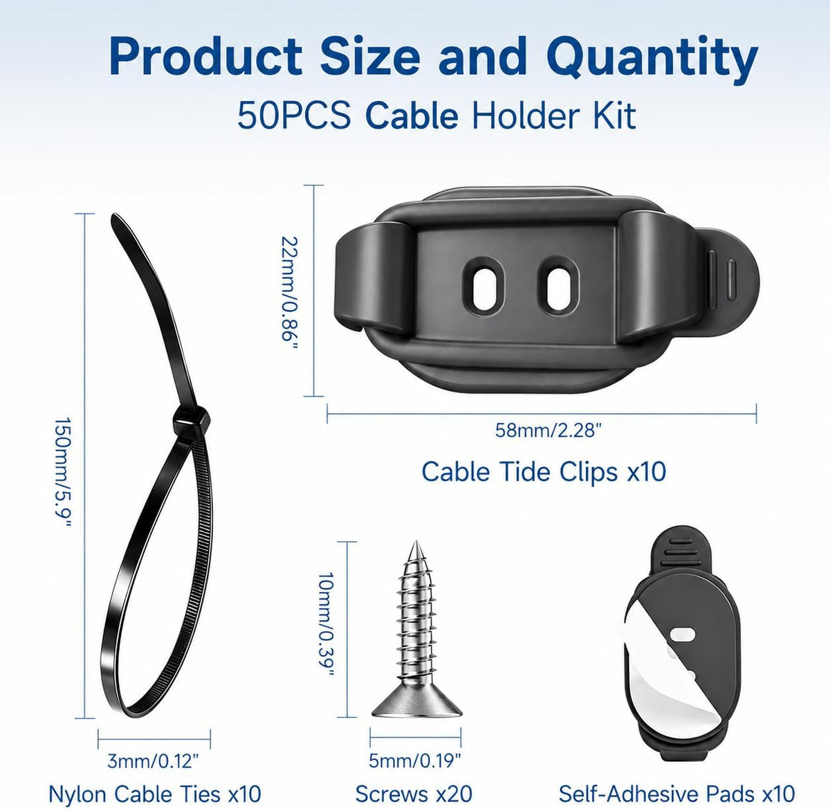 10 Sets Adjustable Cable Management Clips, Self Adhesive Cord Organizer with Elastic Loop, Reusable Cable Holder for Desk, Under Desk, Wall, TV, Office, Home, Charging Cables, USB, HDMI, PC Wires