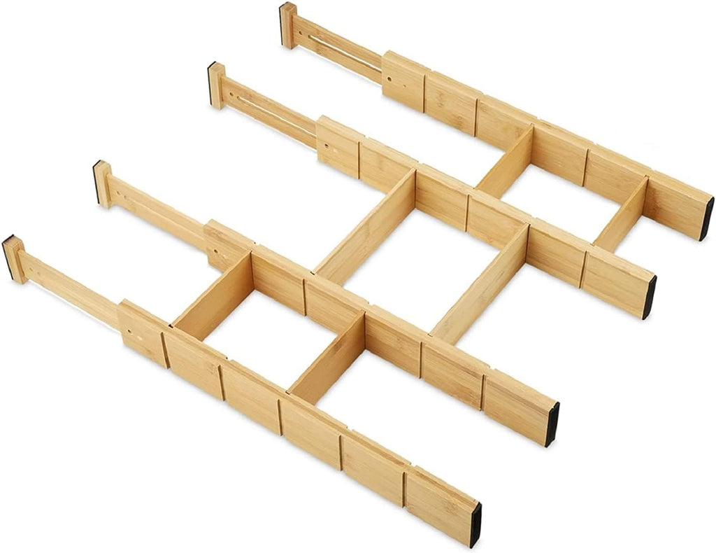 Bamboo Kitchen Drawer Dividers 4-Pack – Adjustable Expandable 17–22 Inch Organizer with 8 Inserts, Spring Loaded Separators for Utensils, Silverware, Dresser & Bedroom Organization
