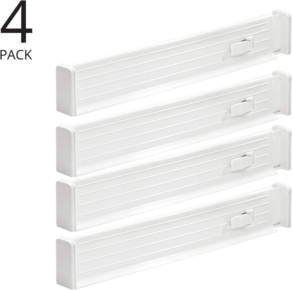 mDesign Expandable Dresser Drawer Divider with Foam Ends, Drawer Divider Locks in Place, Separators for Clothing and Accessories in Closet or Dresser Drawer, Ligne Collection, 4 Pack, White