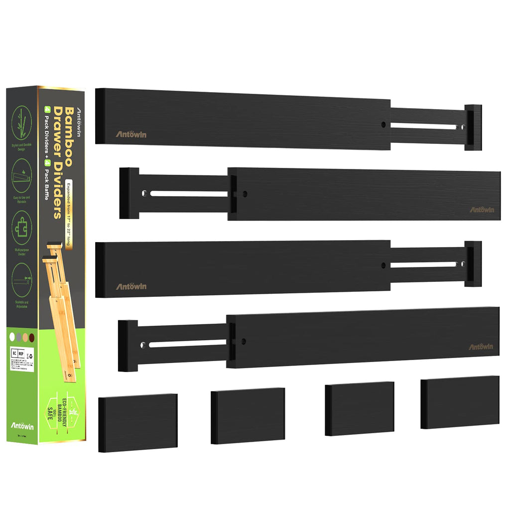 ANTOWIN 4 Pcs Expandable Bamboo Drawer Dividers, Fits 17.6-21.6" Drawers