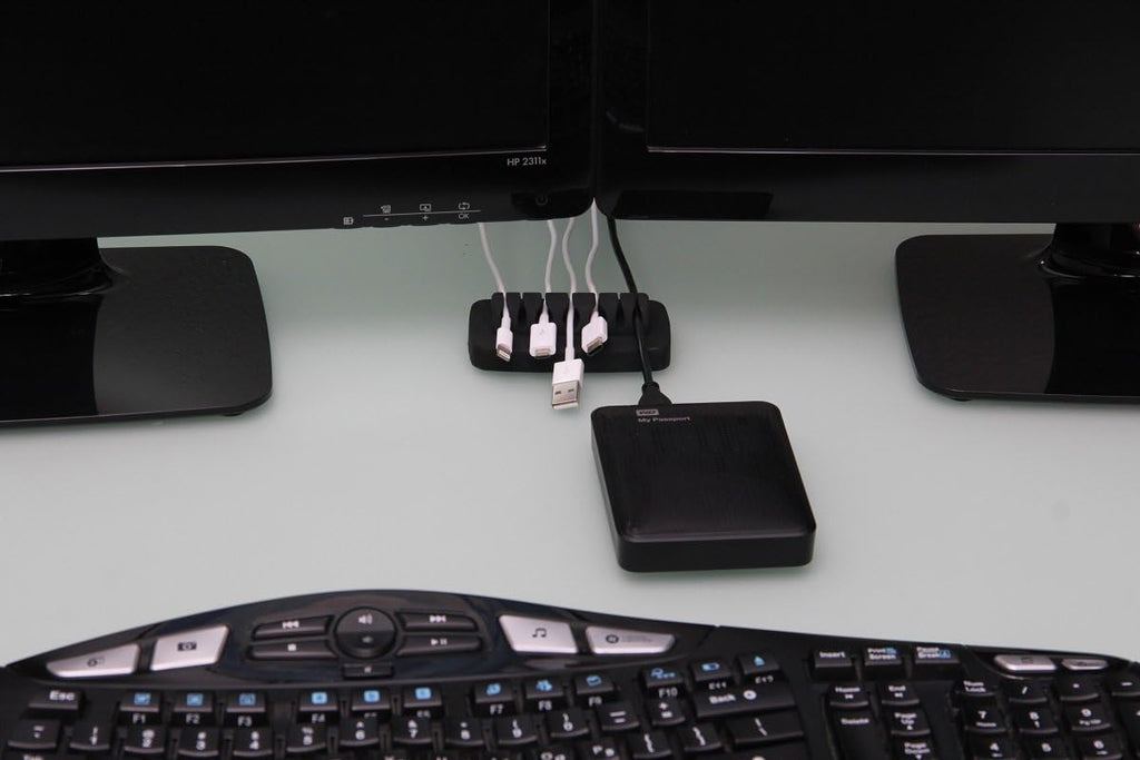 Heaviest Cable Organizer on the Market! Compact and Weighted Desktop Cord Holder for Desk and Nightstand, Eco-Friendly Silicone, No Bad Smell, Bundled with 4 Reusable Cable Ties! (Black)