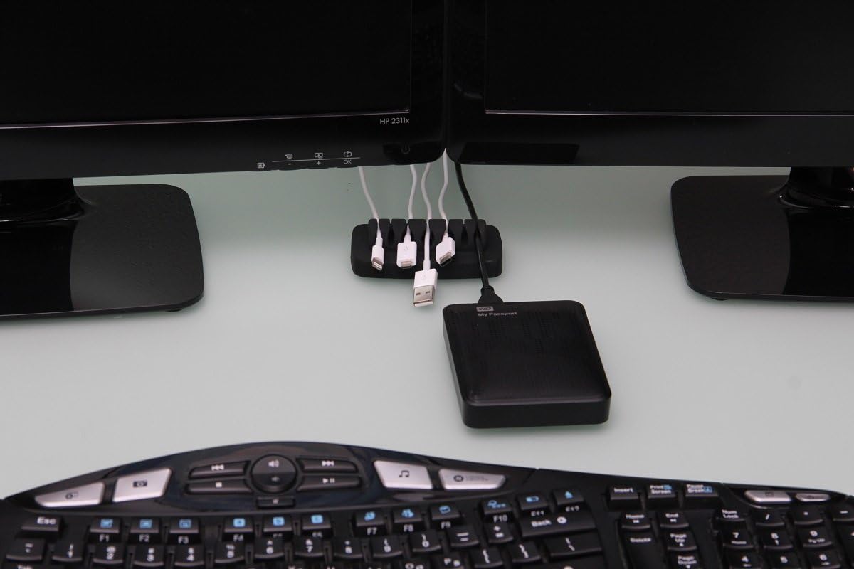 Heaviest Cable Organizer on the Market! Compact and Weighted Desktop Cord Holder for Desk and Nightstand, Eco-Friendly Silicone, No Bad Smell, Bundled with 4 Reusable Cable Ties! (Black)