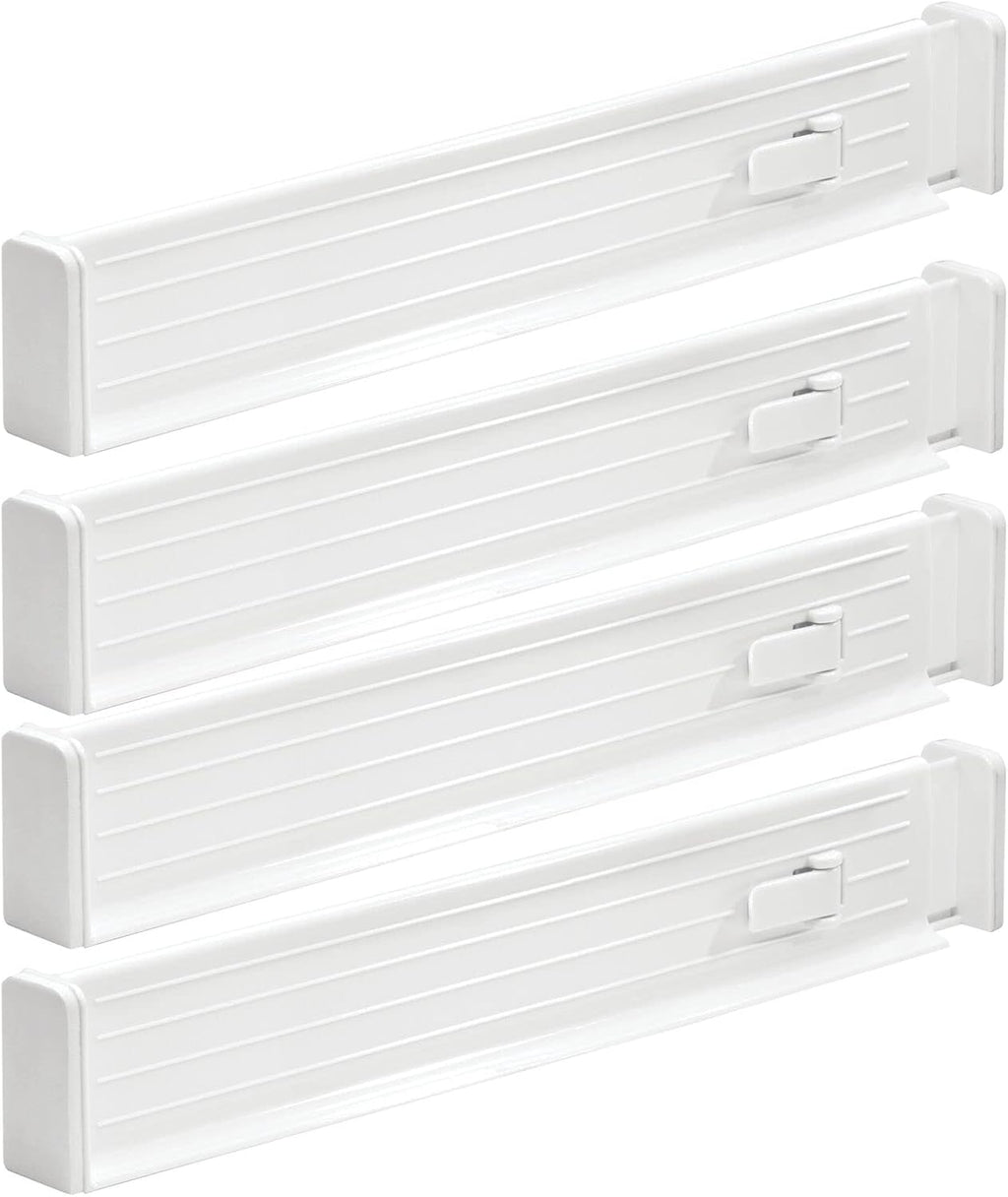 mDesign Expandable Dresser Drawer Divider with Foam Ends, Drawer Divider Locks in Place, Separators for Clothing and Accessories in Closet or Dresser Drawer, Ligne Collection, 4 Pack, White