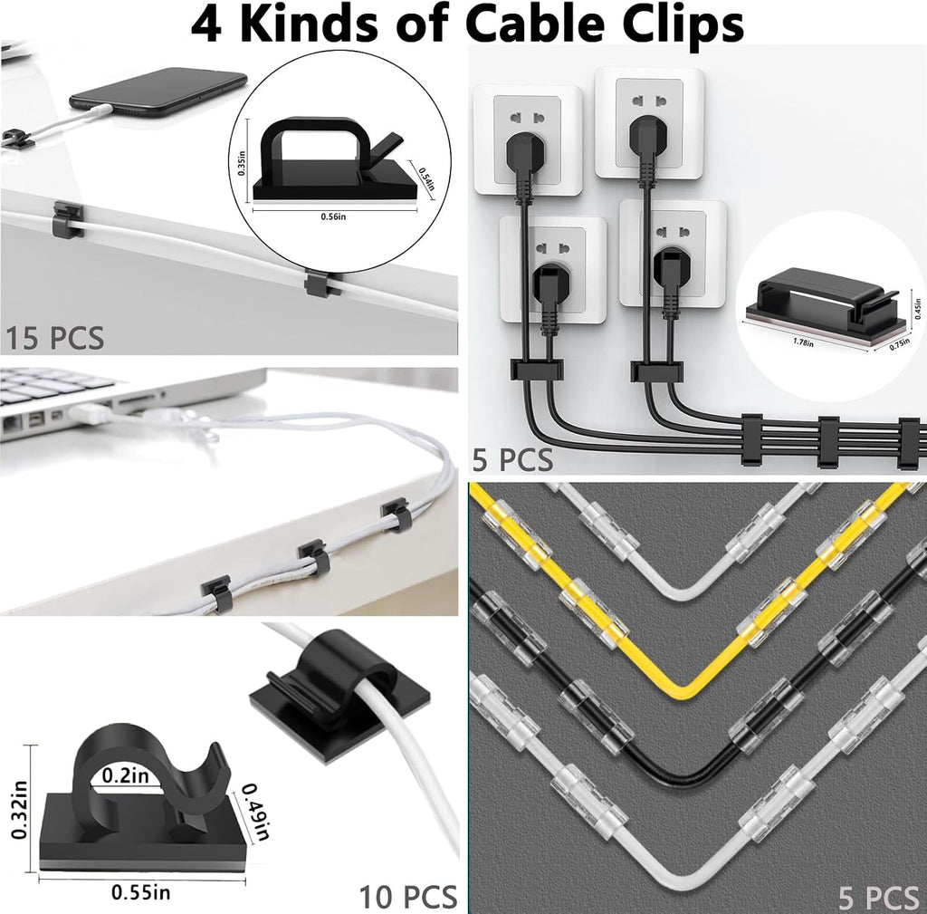 ELII 300PCS Cable Management Kit,4 Cable Sleeve 35 Cable Clips