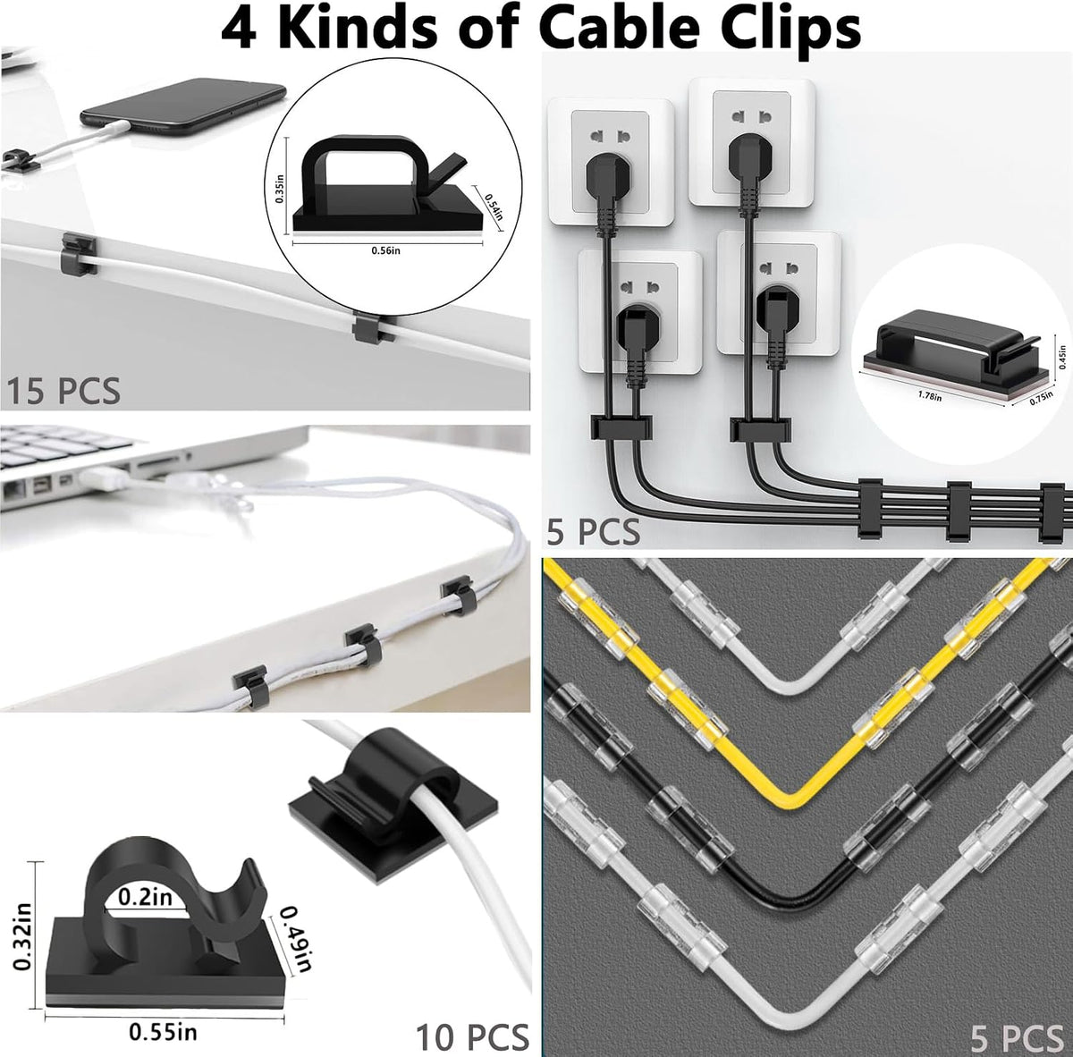 ELII 300PCS Cable Management Kit,4 Cable Sleeve 35 Cable Clips