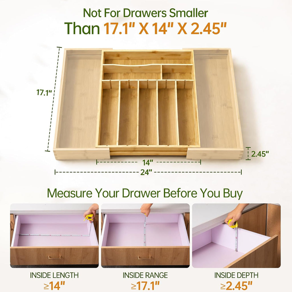 Bamboo Expandable Silverware Drawer Organizer, Removable Knife Block