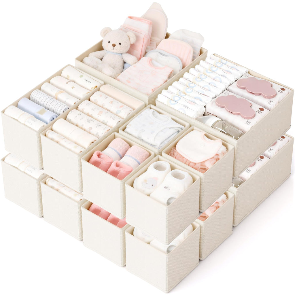Drawer Organizer, 16 Pack Baby Dresser Organizer for Nursery, Foldable Closet Organizers and Storage Dresser Dividers for Clothes, Socks, Scarves, Ties (Beige)