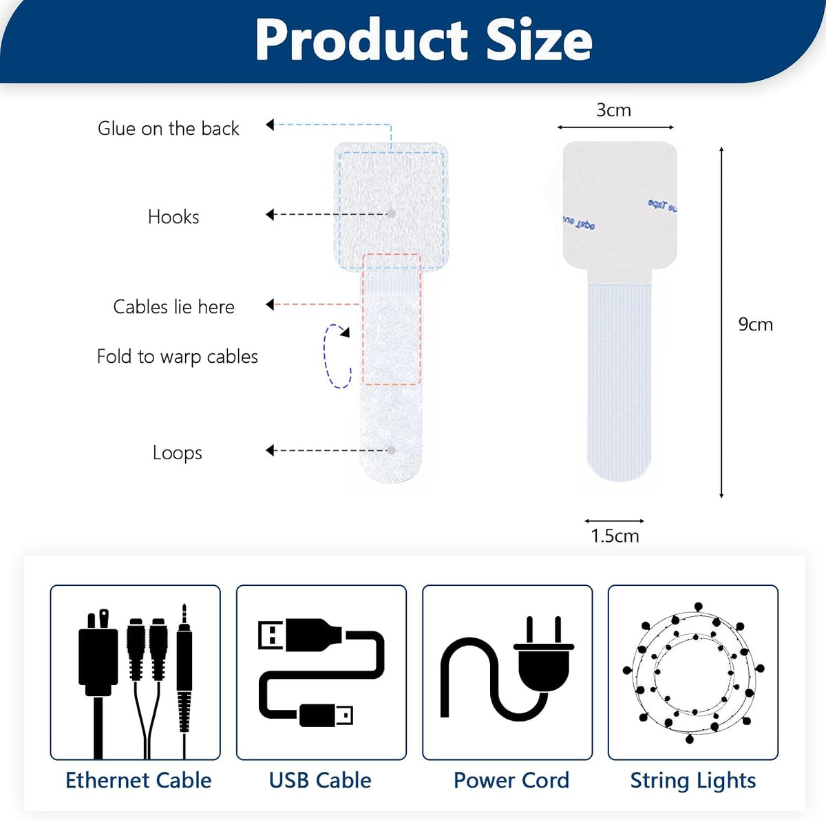 Abnii 50 PCS Hook and Loop Cable Ties, Under Desk Cable Management, White
