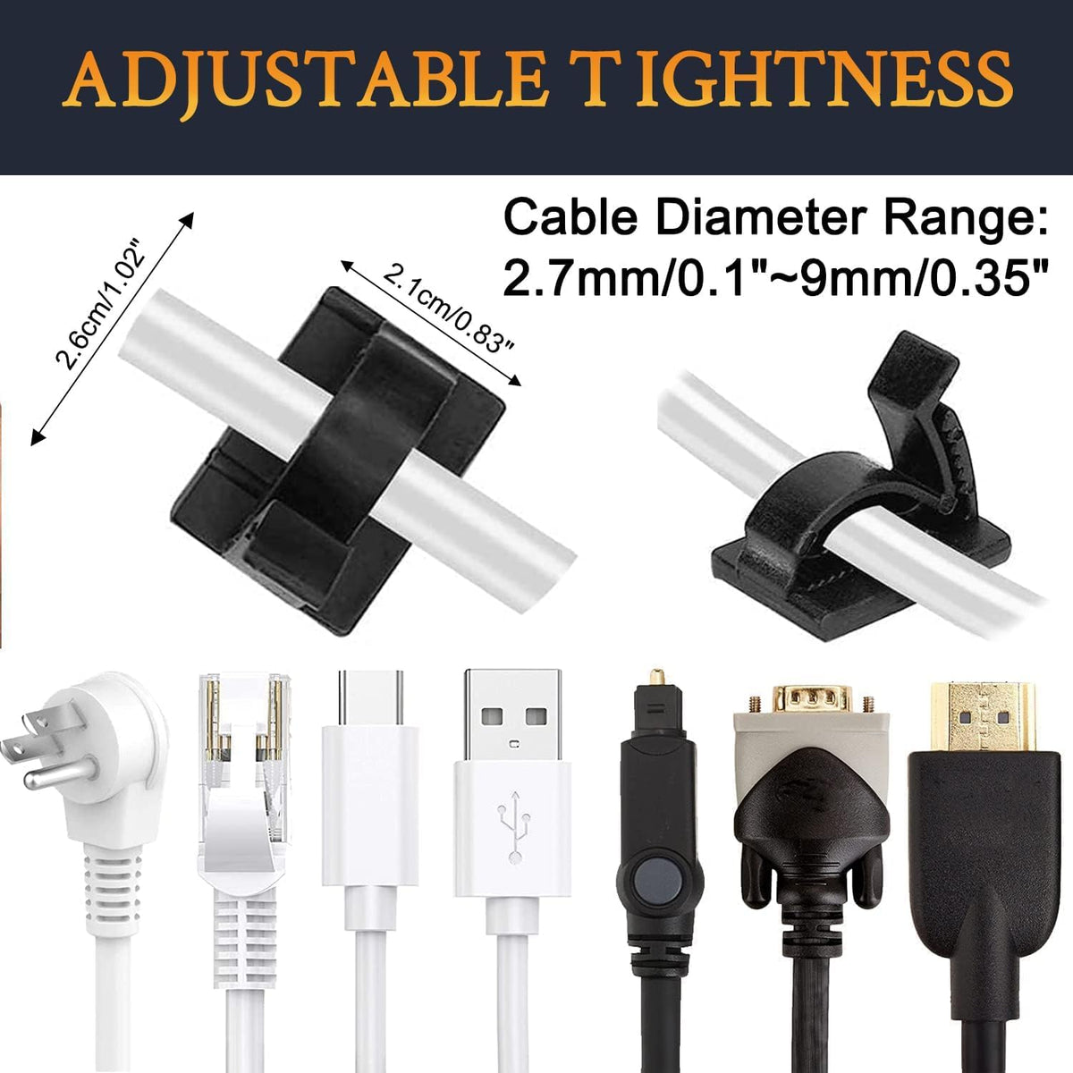 SOULWIT 50Pcs Adjustable Cable Management Clips, Adhesive Organizers Sticky Wire Clips Cord Holder for TV PC Ethernet Under Desk Wall Home Office