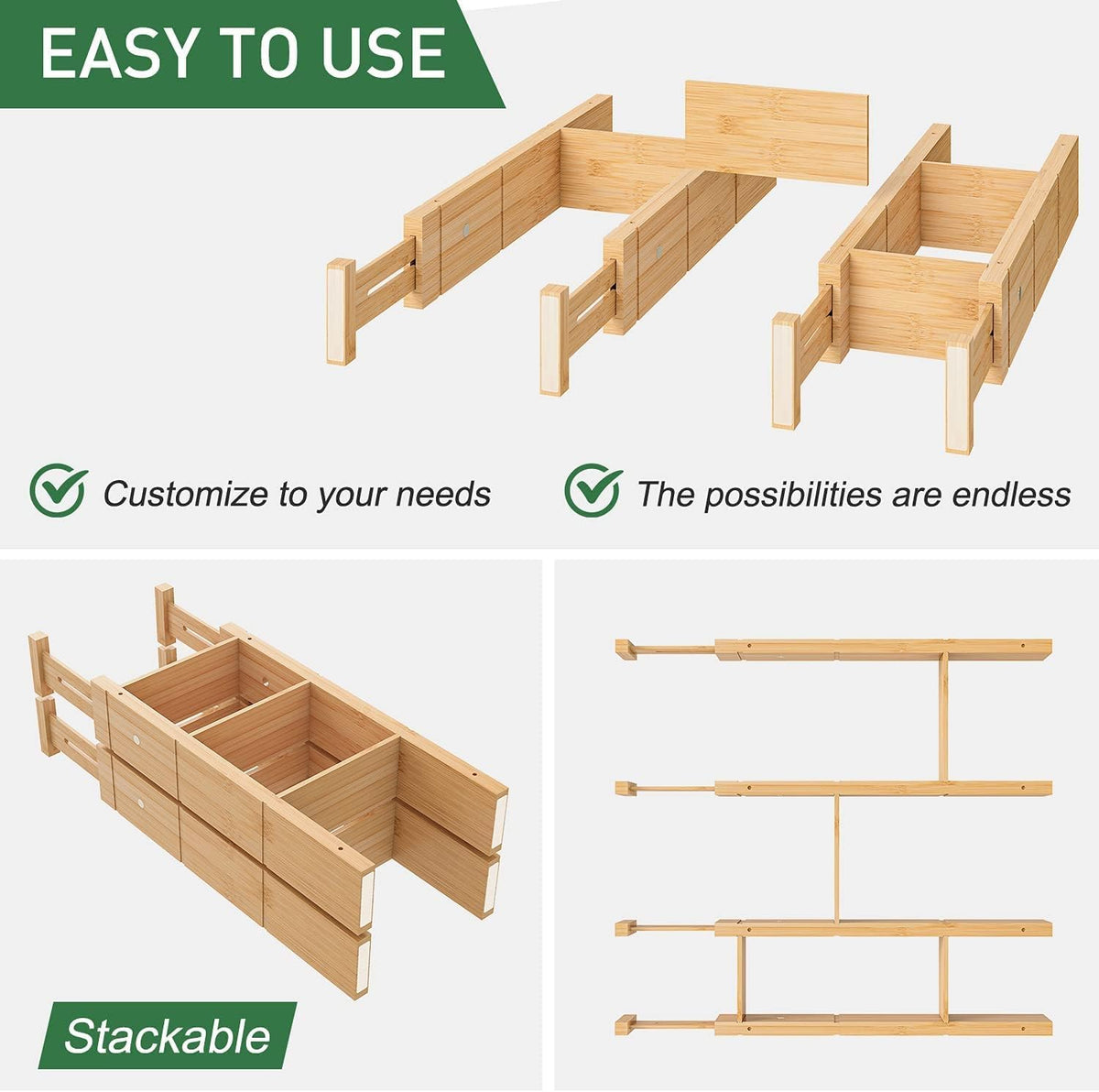 Bamboo Kitchen Drawer Dividers 4-Pack – Adjustable Expandable 17–22 Inch Organizer with 8 Inserts, Spring Loaded Separators for Utensils, Silverware, Dresser & Bedroom Organization