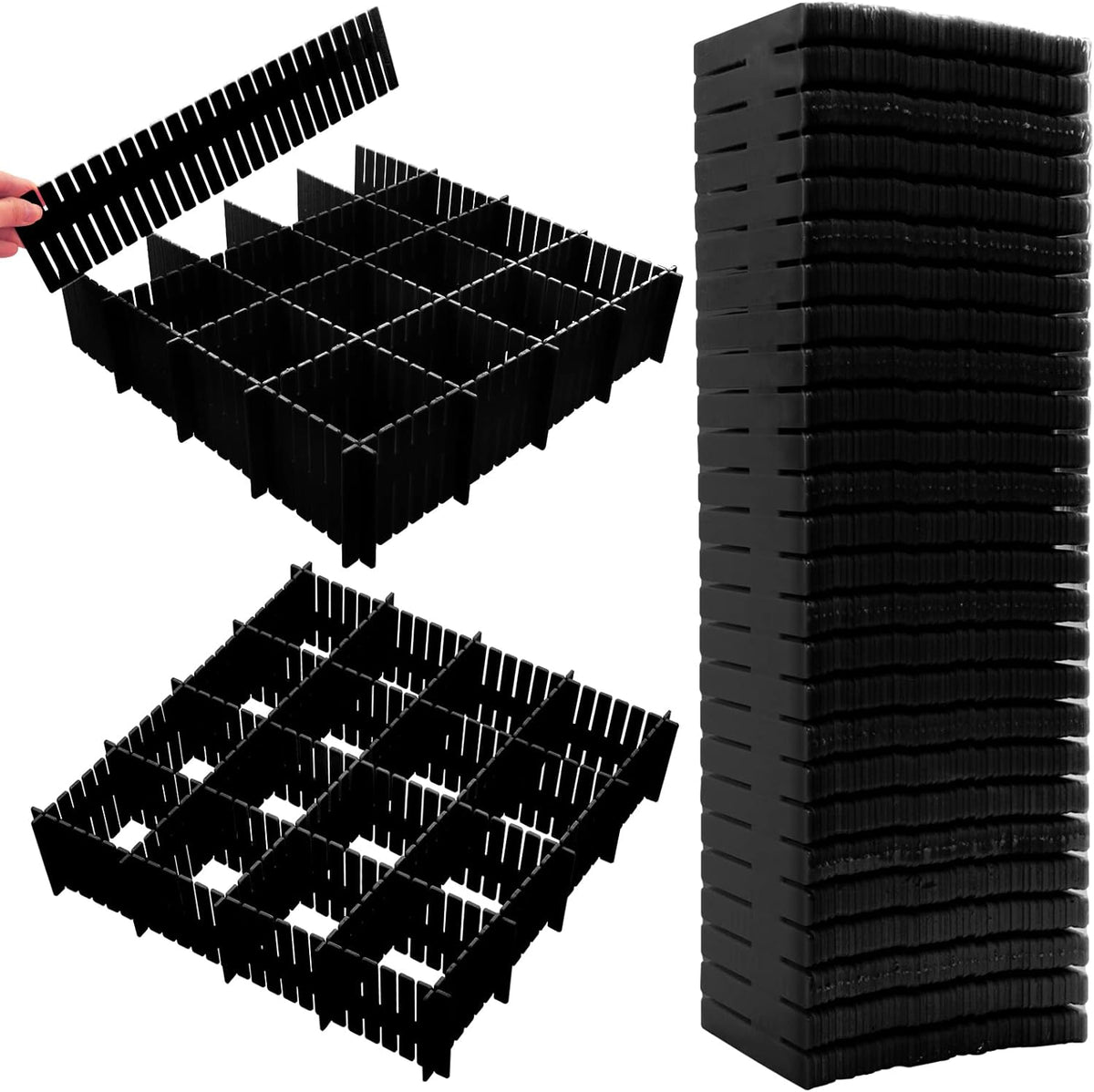 45 Pack Drawer Dividers, Plastic Adjustable Drawer Storage Organizer for Tidying Clutter Socks, Underwear, Makeup, Kitchen, Dresser Black