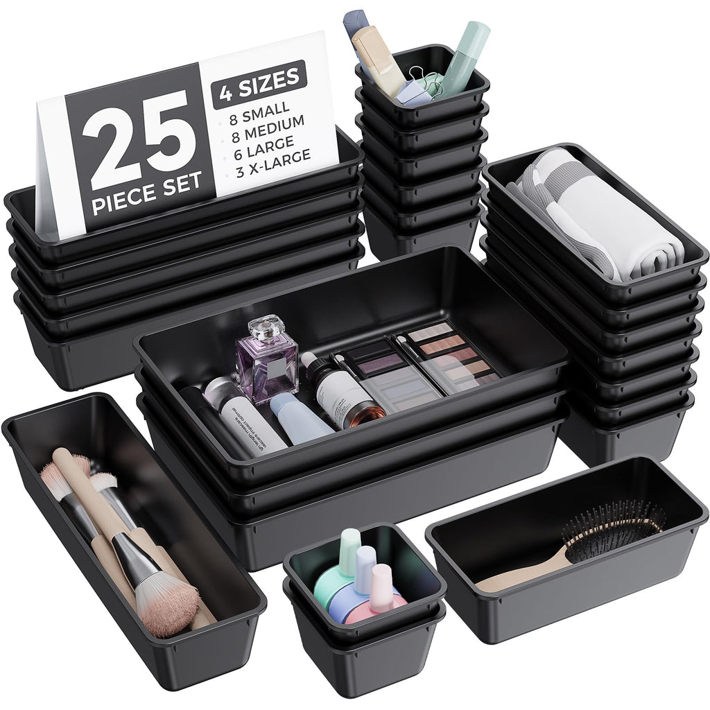 BiuLeon 25 PCS Plastic Drawer Organizers Set, 4-Sizes Vanity and Makeup Organizer, Desk and bathroom Drawer Organizer Trays, Organizers and Storage for Makeup, Jewelry, Gadgets, Utensils (Green)
