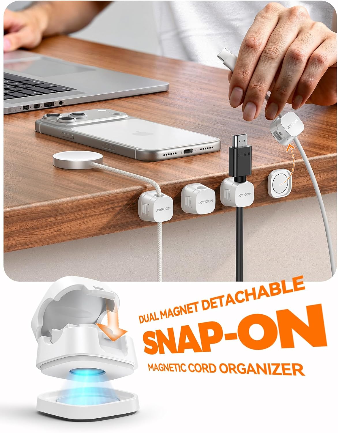 JOYROOM 6-Pack Detachable Magnetic Cord Organizer, Adhesive Cable Clips