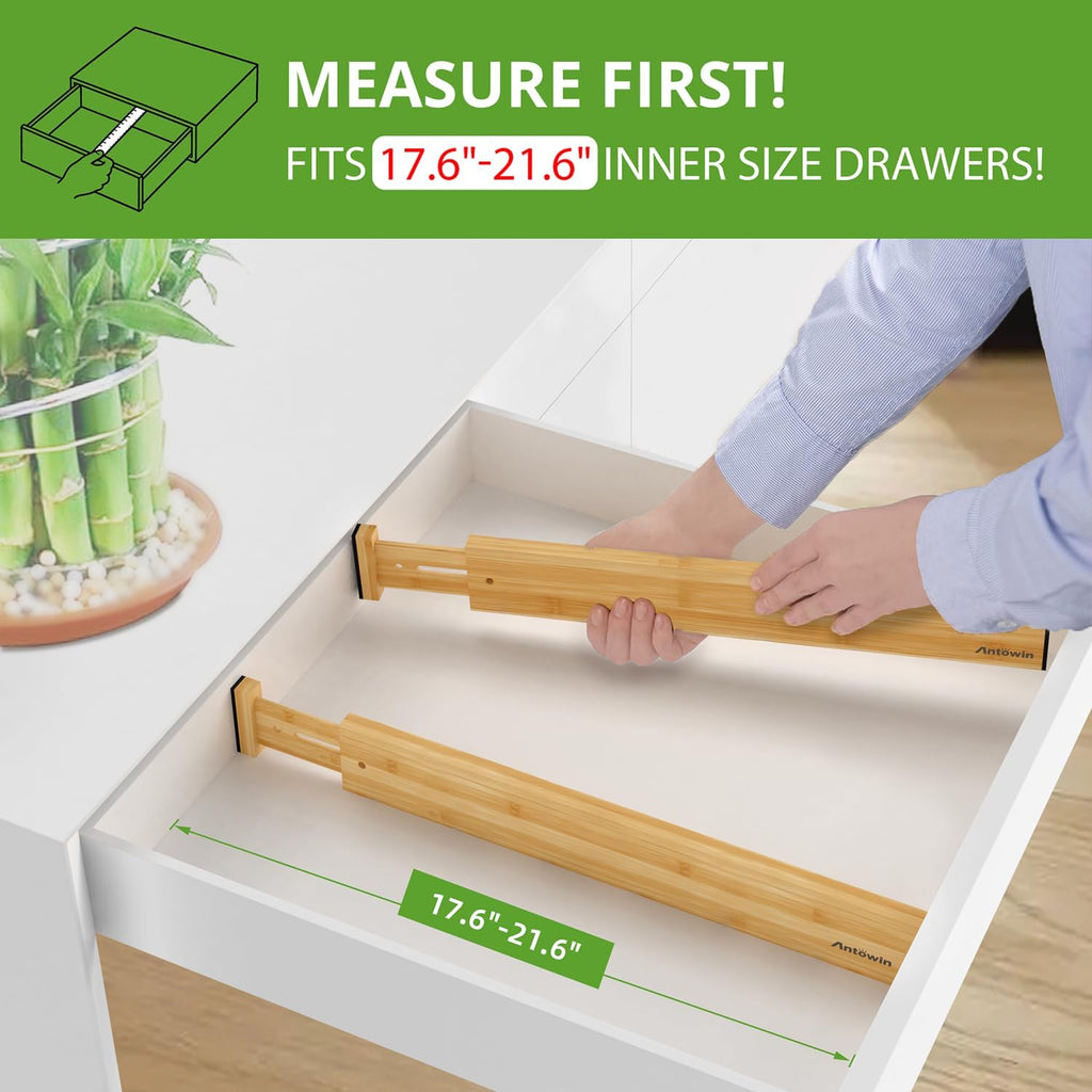 ANTOWIN 4 Pcs Expandable Bamboo Drawer Dividers, Fits 17.6-21.6" Drawers