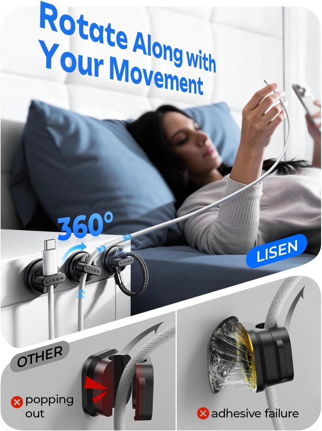 6-Pack 360°Rotating Cord Holder for Nightstand, LISEN Magnetic Clips