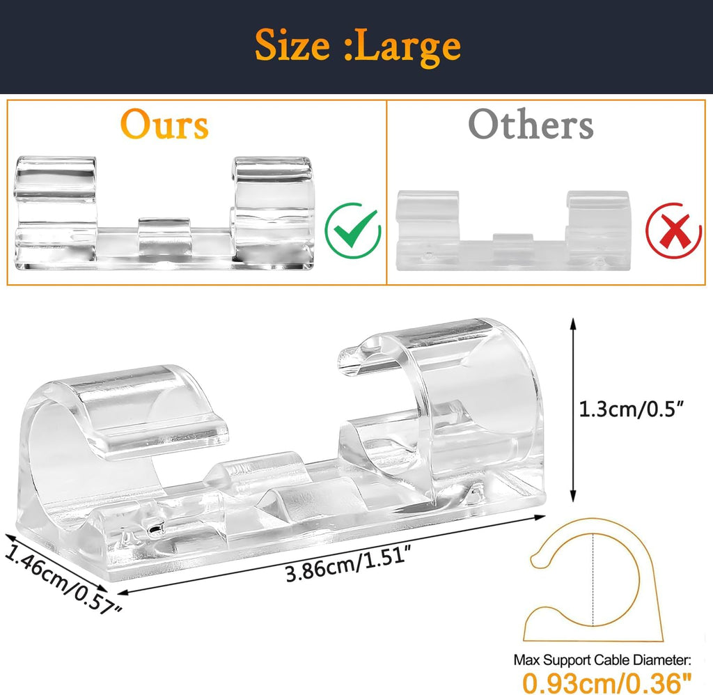 SOULWIT 50 Pcs Self Adhesive Cable Management Clips, Cable Organizers Sticky Wire Clips Cord Holder for TV PC Laptop Ethernet Cable Desktop Home Office (Transparent)