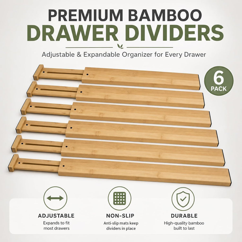 6 Pack Wood Drawer Dividers - Expandable Wooden Drawer Separators