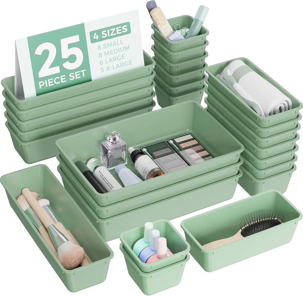 BiuLeon 25 PCS Plastic Drawer Organizers Set, 4-Sizes Vanity and Makeup Organizer, Desk and bathroom Drawer Organizer Trays, Organizers and Storage for Makeup, Jewelry, Gadgets, Utensils (Green)