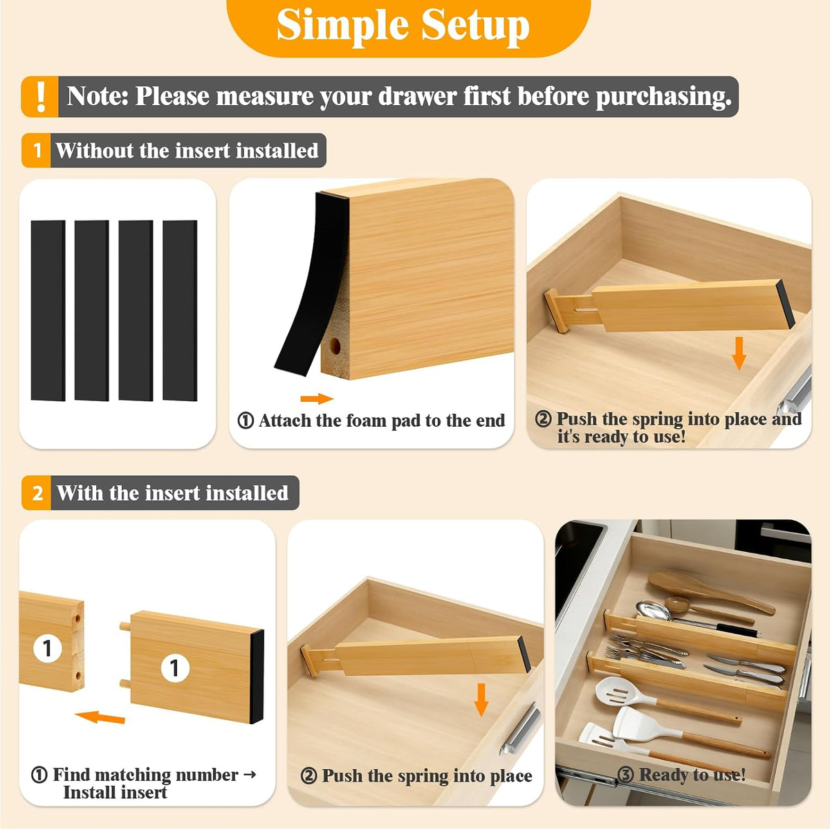 Bamboo Drawer Dividers, 12-21 Inch Kitchen Adjustable Drawer Organizers