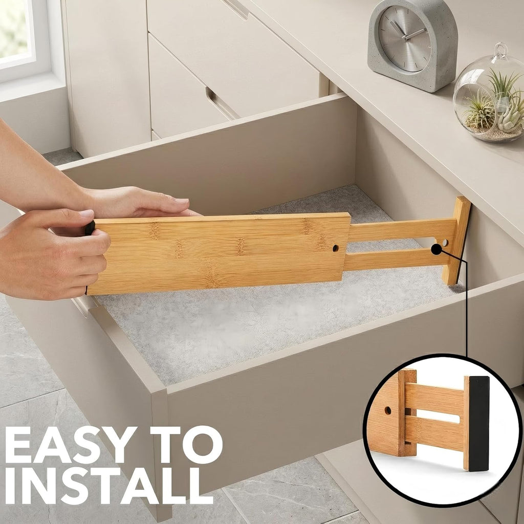 6 Pack Wood Drawer Dividers - Expandable Wooden Drawer Separators