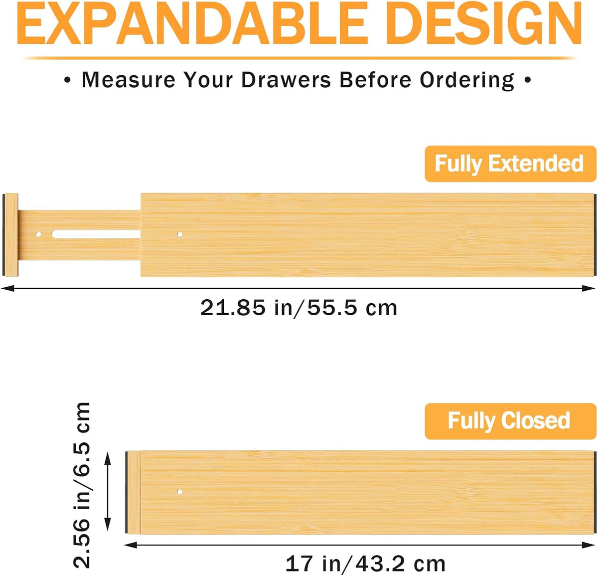 Bamboo Drawer Dividers Organizers, 2.56" High, 17"-21.8" Adjustable, 4 Pack