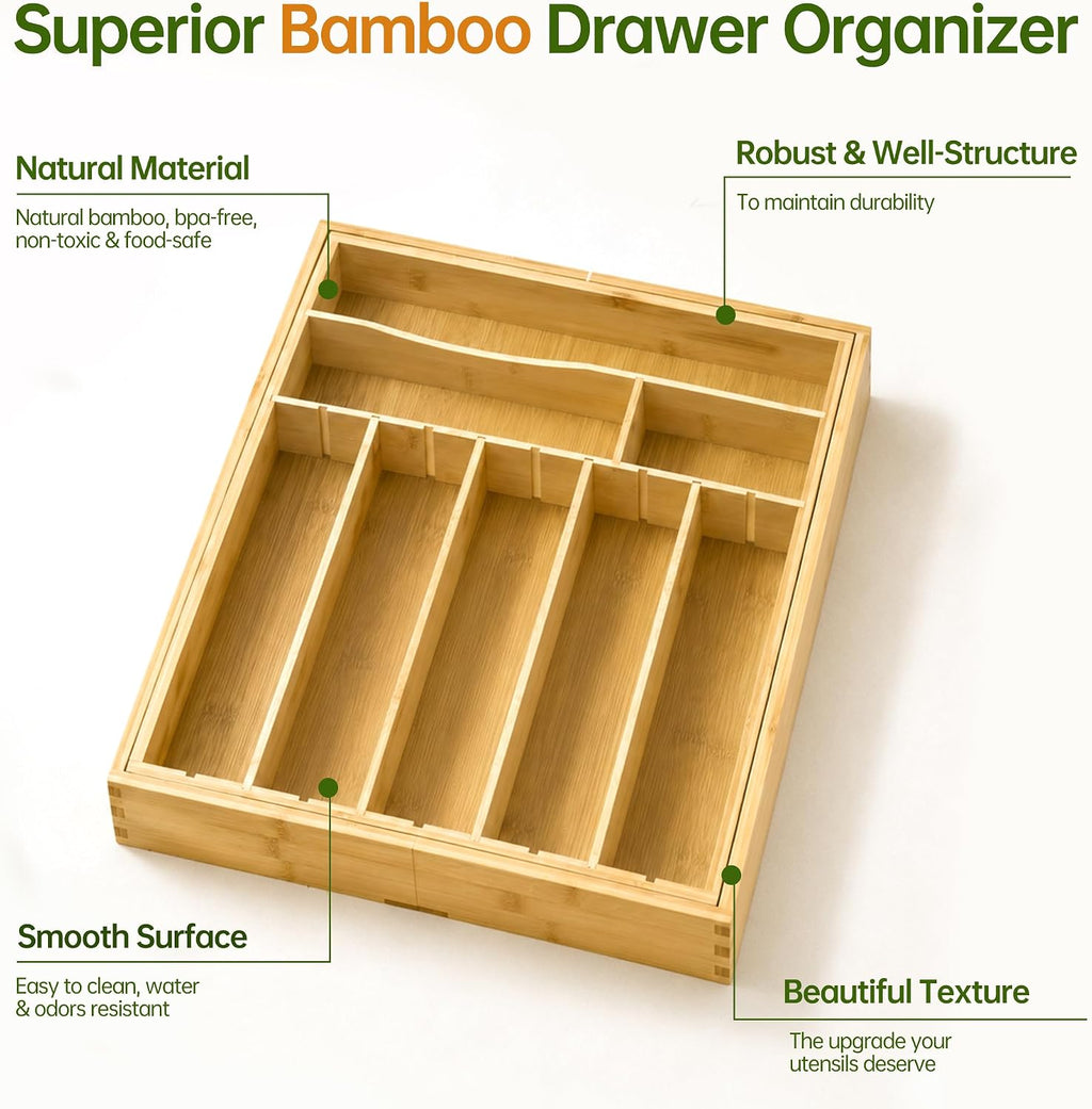 Bamboo Expandable Silverware Drawer Organizer, Removable Knife Block