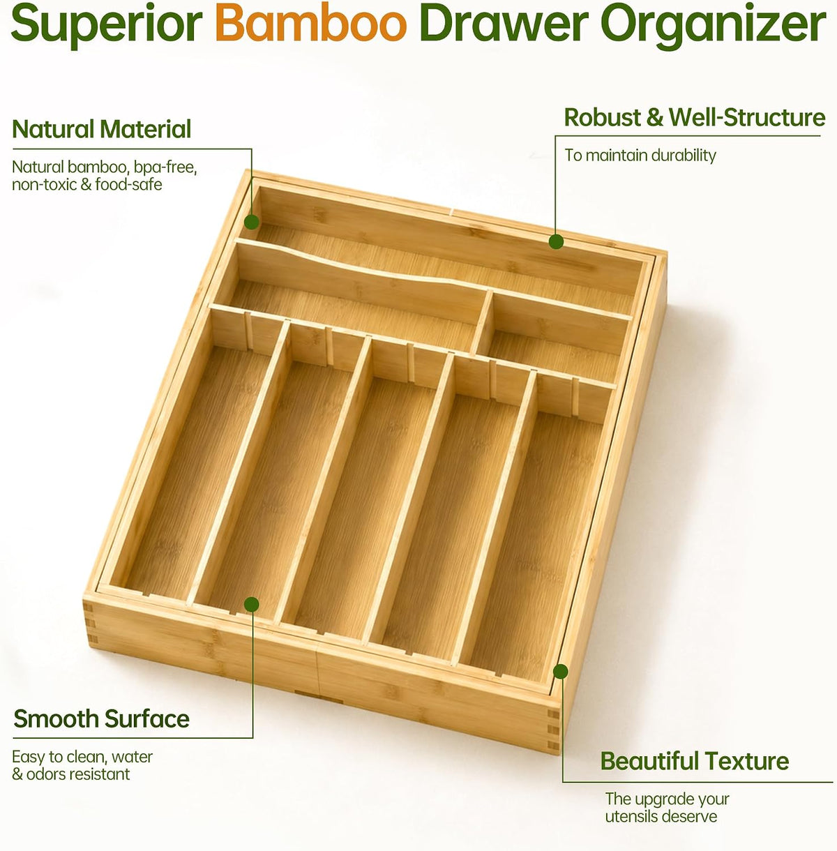 Bamboo Expandable Silverware Drawer Organizer, Removable Knife Block