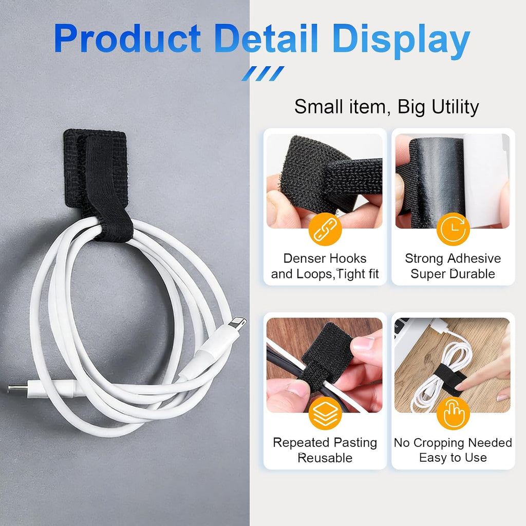 80 PCS Hook and Loop Cable Ties, Self Adhesive Cable Management Straps, Reusable Cord and Wire Organizer Clips for Under Desk, Computer, TV, Gaming Setup, Home Office and Kitchen, Black and White