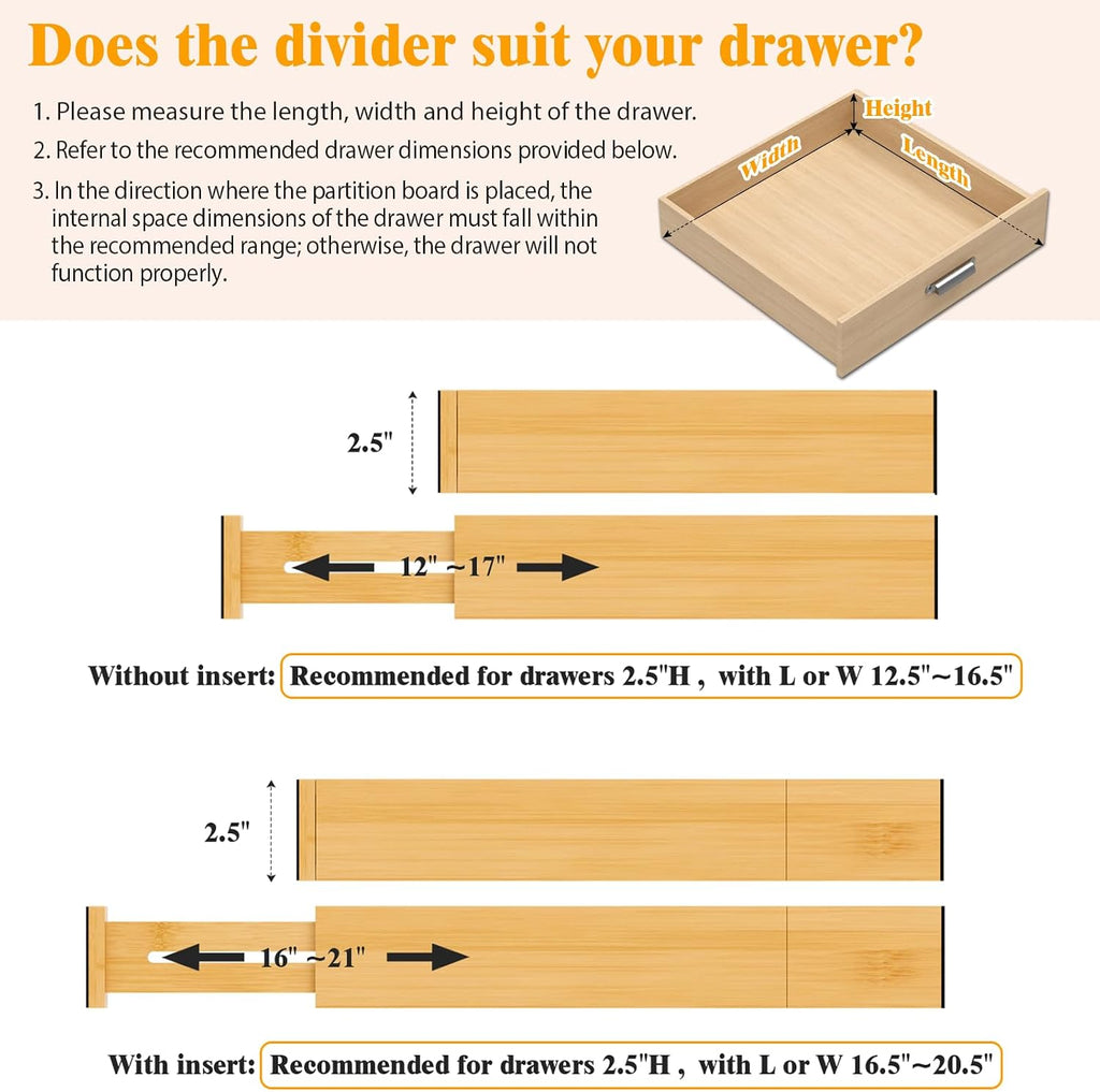 Bamboo Drawer Dividers, 12-21 Inch Kitchen Adjustable Drawer Organizers