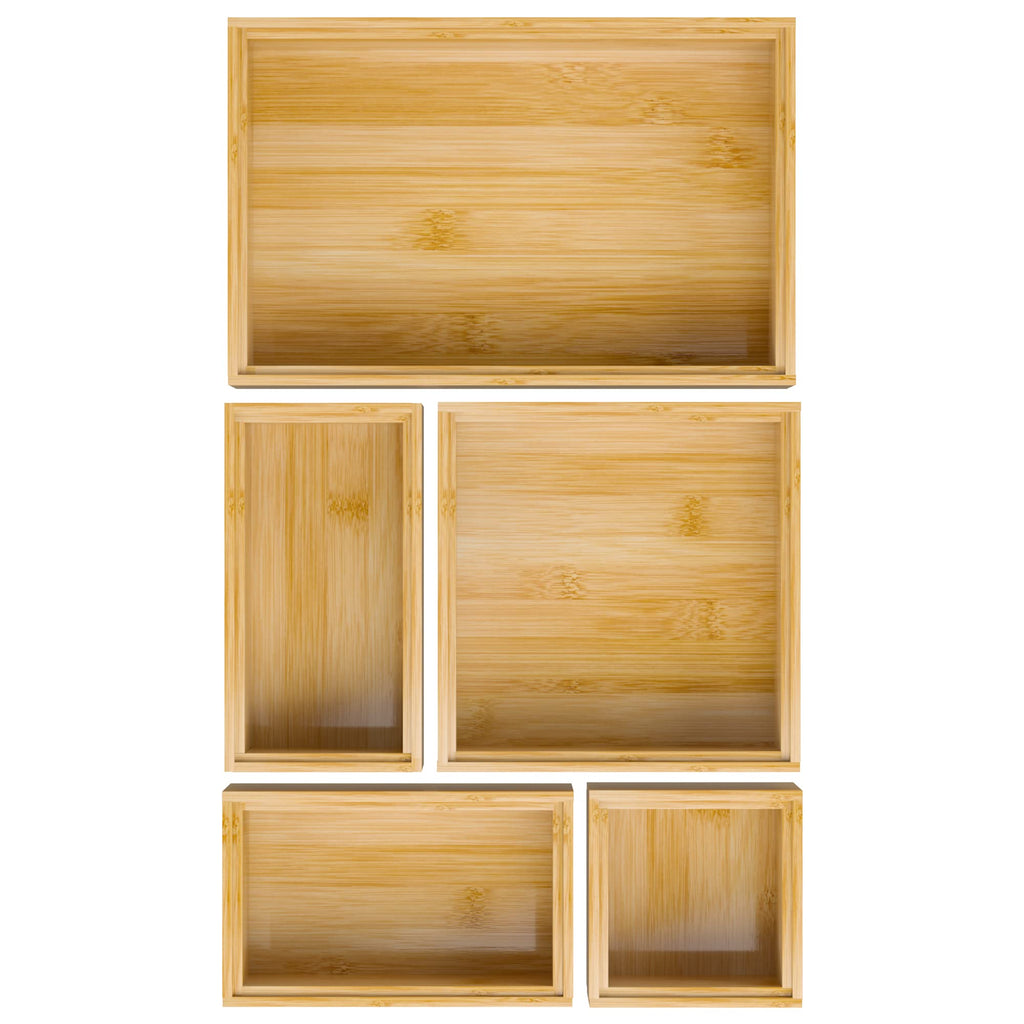Black Bamboo Bathroom Drawer Organizer, Wooden Kitchen Utensil Holder Set of 5, Stackable Junk Drawer Organizer Tray, Multi-Use Storage Bins Boxs Dividers for Home, Office, Clothing, Makeup, Jewelry