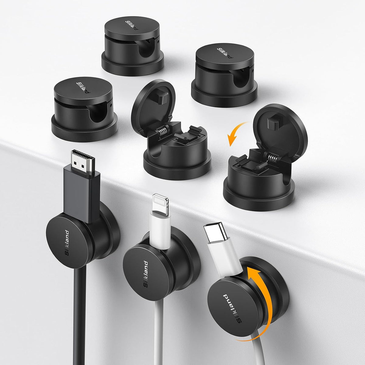 Silkland 8 Pack Snap-Lock Cable Clips, 360° Rotatable Cord Holder for Desk