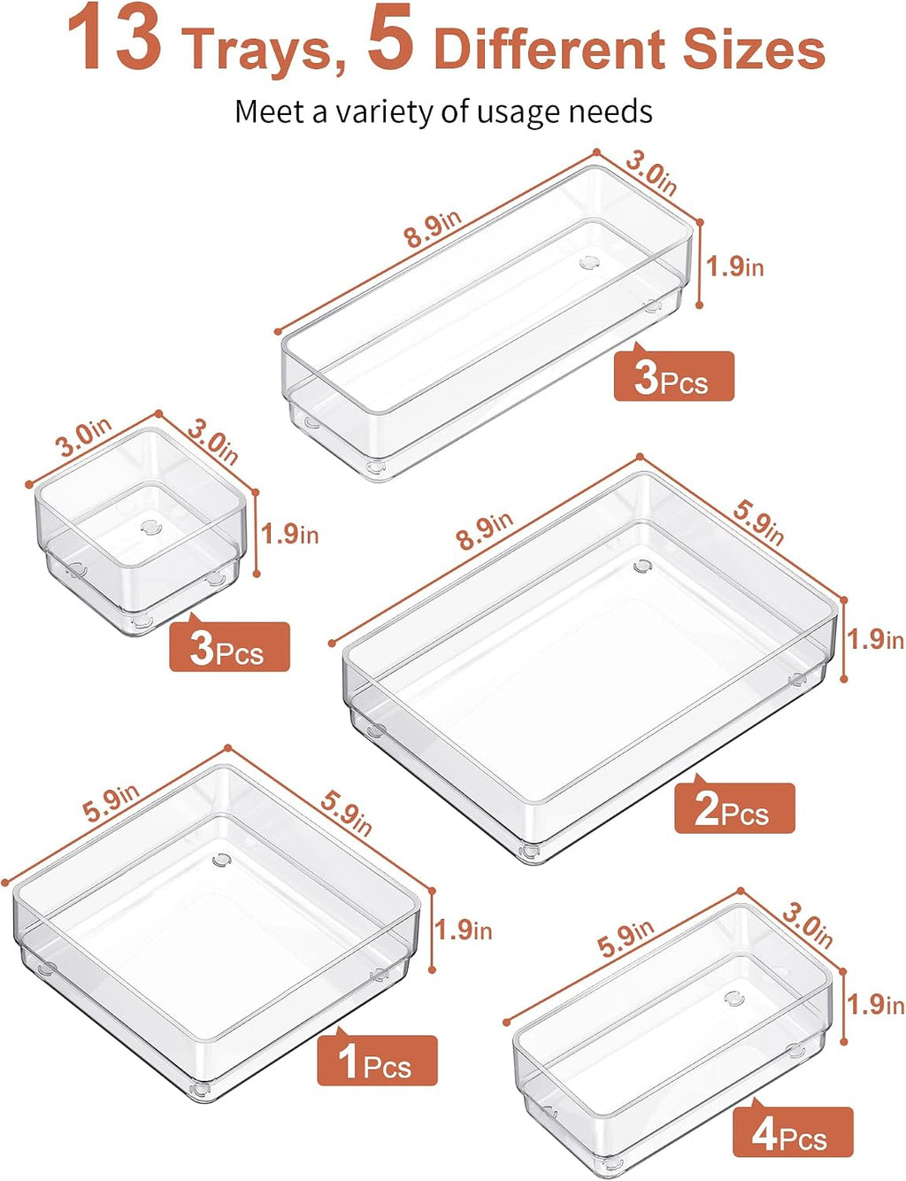 SMARTAKE 13 PCS Drawer Organizer 5-Size Desk Makeup Drawer Organizer Clear