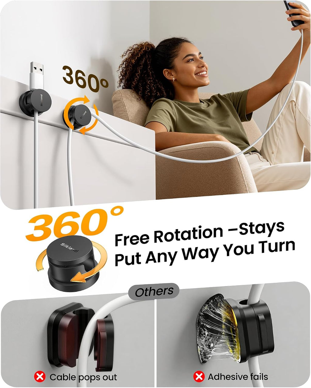 Silkland 8 Pack Snap-Lock Cable Clips, 360° Rotatable Cord Holder for Desk