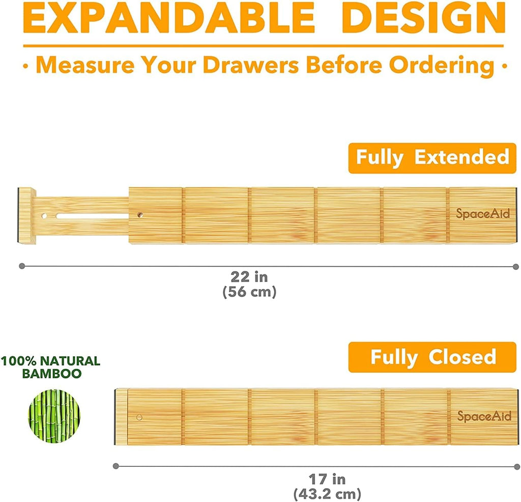Bamboo Kitchen Drawer Dividers 4-Pack – Adjustable Expandable 17–22 Inch Organizer with 8 Inserts, Spring Loaded Separators for Utensils, Silverware, Dresser & Bedroom Organization