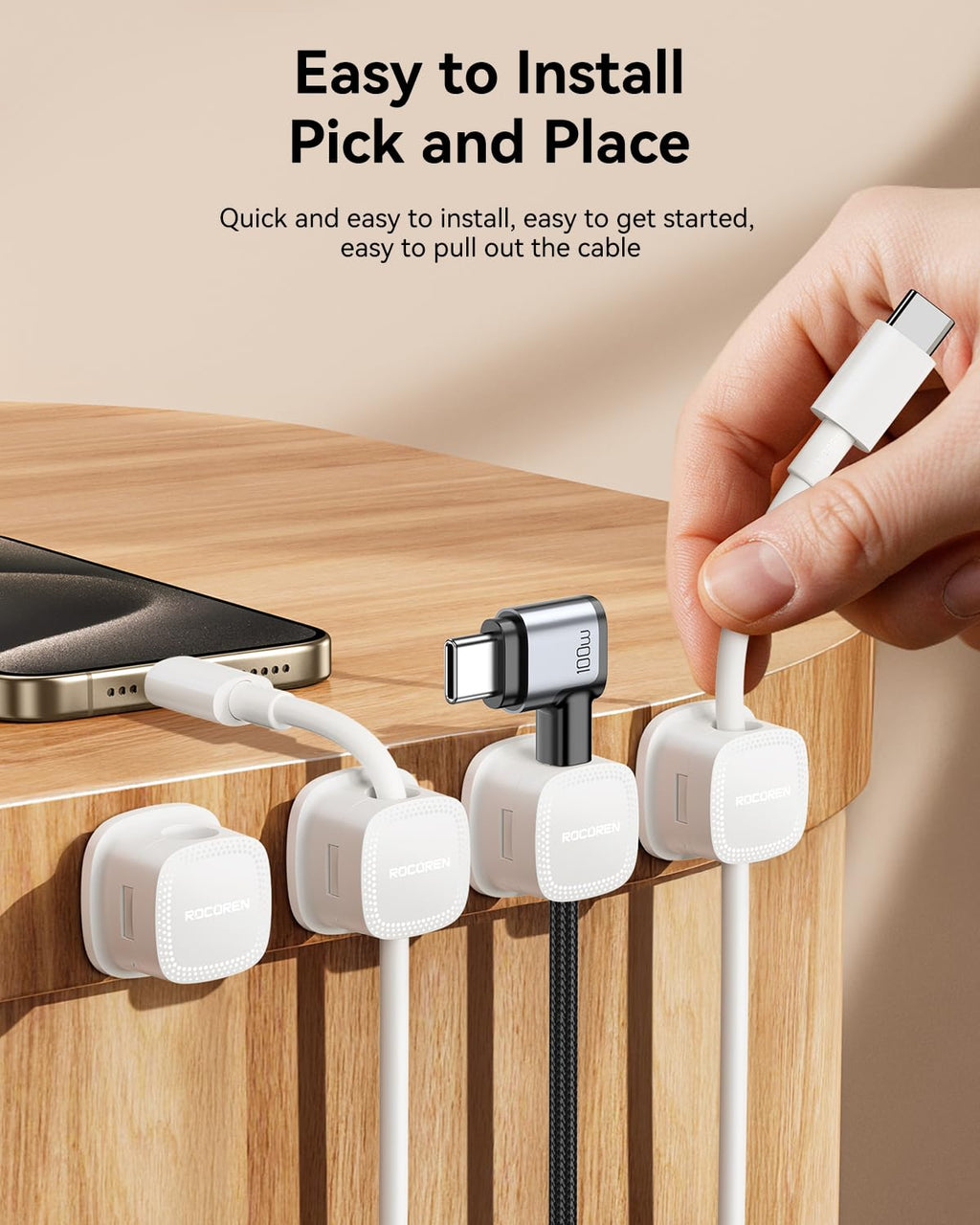 Rocoren 6-Pack Magnetic Adjustable Adhesive Cable Clips Cord Organizer