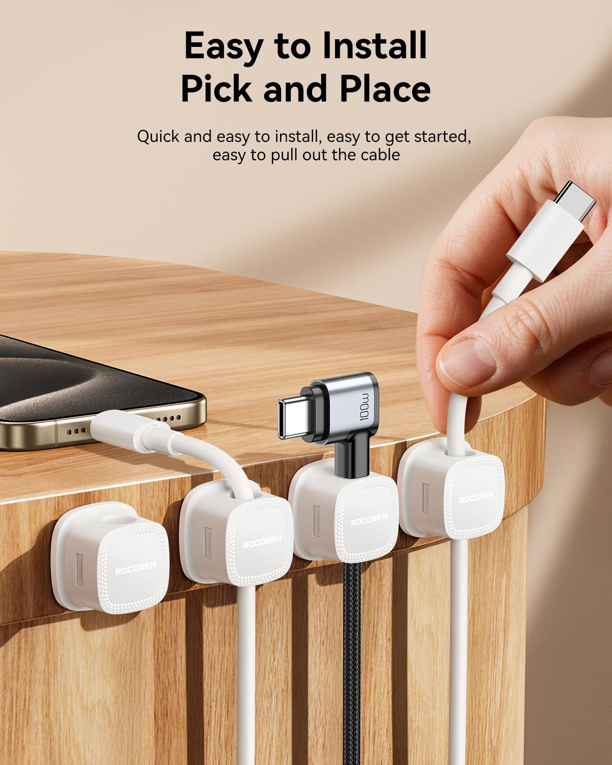 Rocoren 6-Pack Magnetic Adjustable Adhesive Cable Clips Cord Organizer
