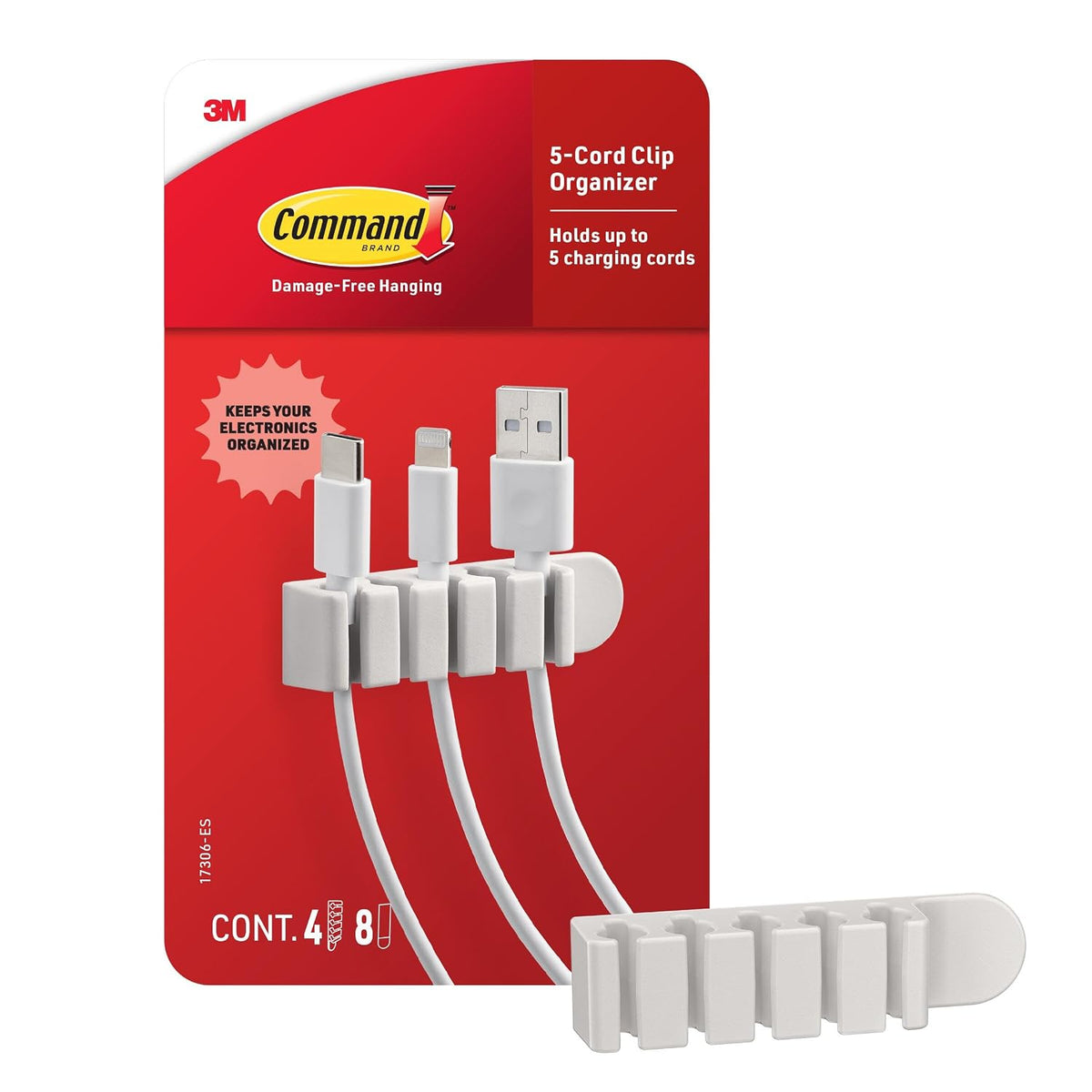 Command 5-Cord Clip Organizer, 4 Clips, 8 Medium Strips