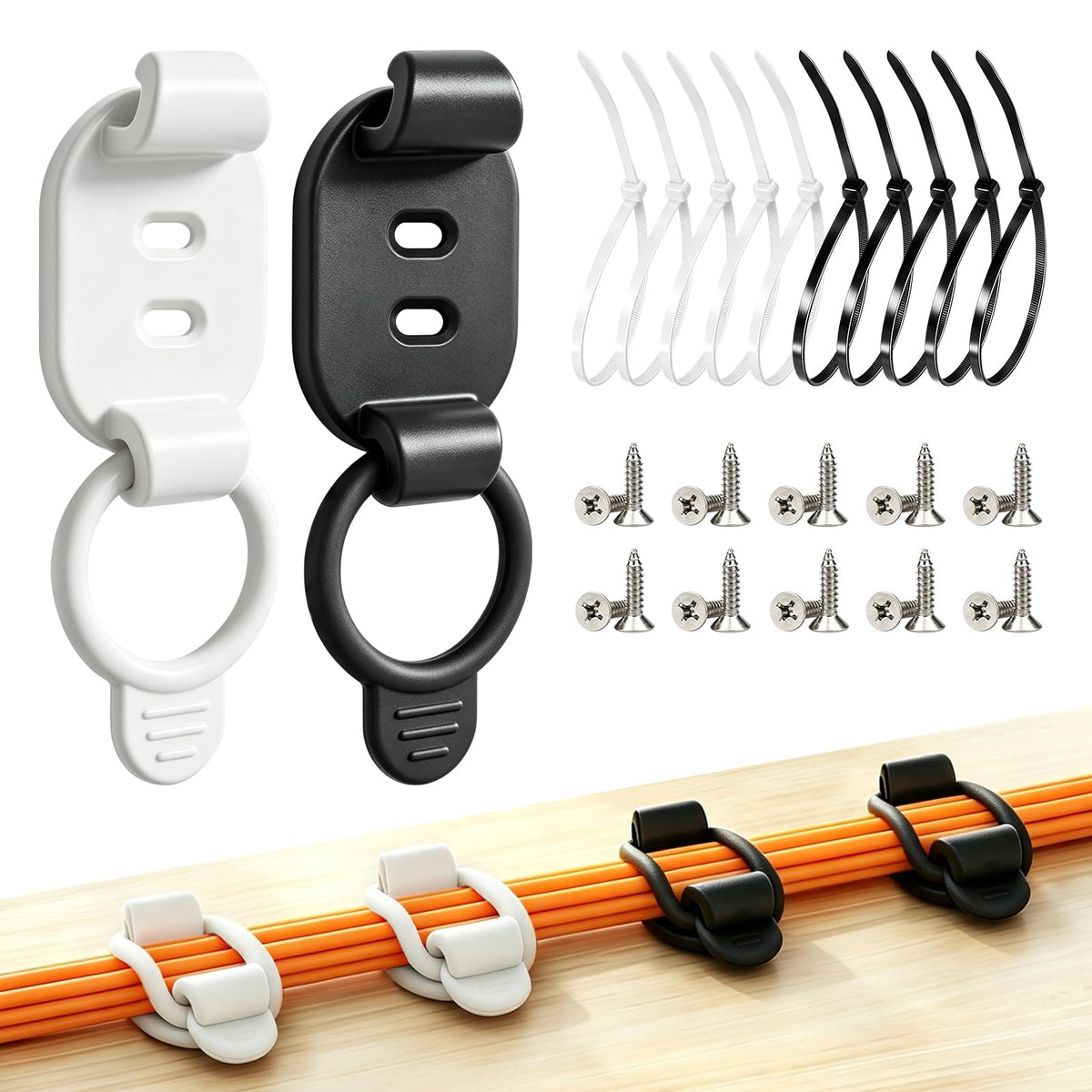 10 Sets Adjustable Cable Management Clips, Self Adhesive Cord Organizer with Elastic Loop, Reusable Cable Holder for Desk, Under Desk, Wall, TV, Office, Home, Charging Cables, USB, HDMI, PC Wires