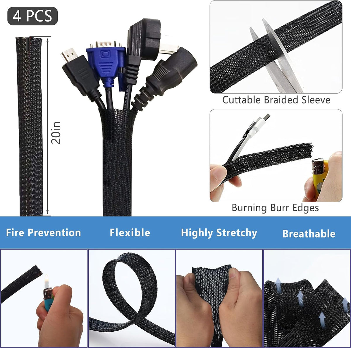 ELII 300PCS Cable Management Kit,4 Cable Sleeve 35 Cable Clips