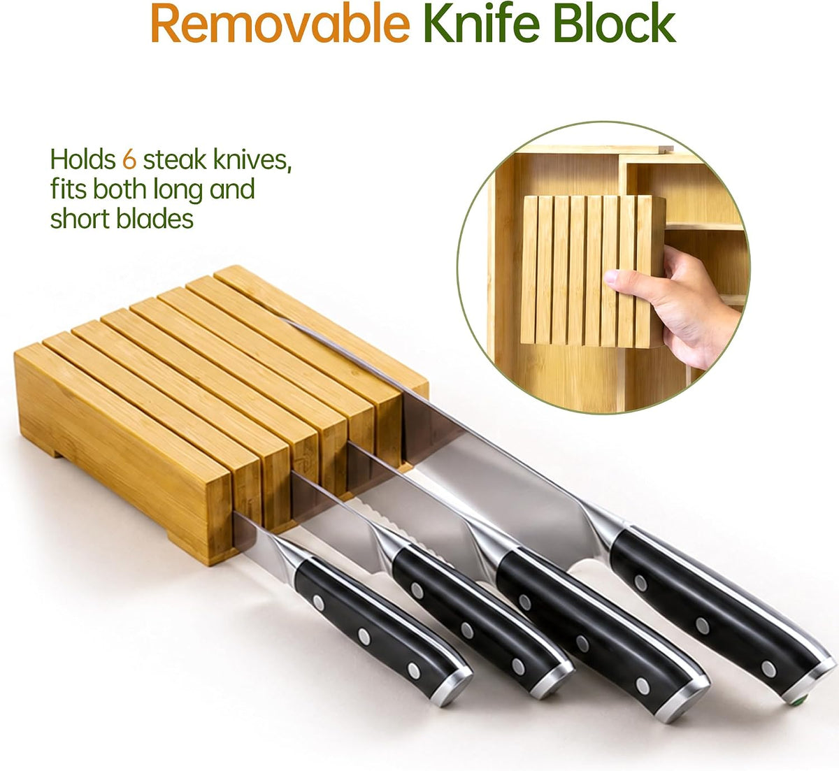 Bamboo Expandable Silverware Drawer Organizer, Removable Knife Block