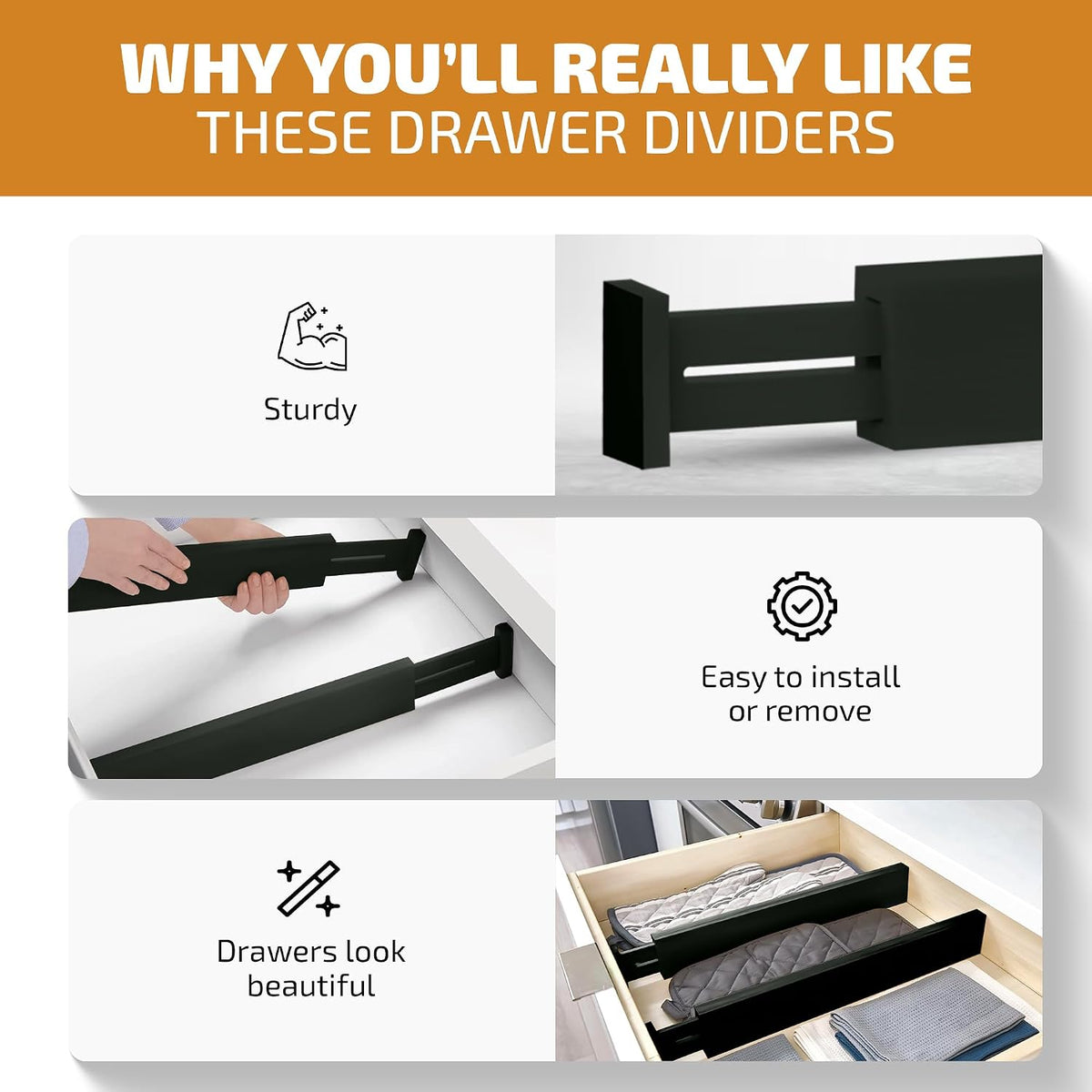 4-Pack Drawer Dividers 2.6-Inch High Dresser Organizer 16 to 22 Inch, Black