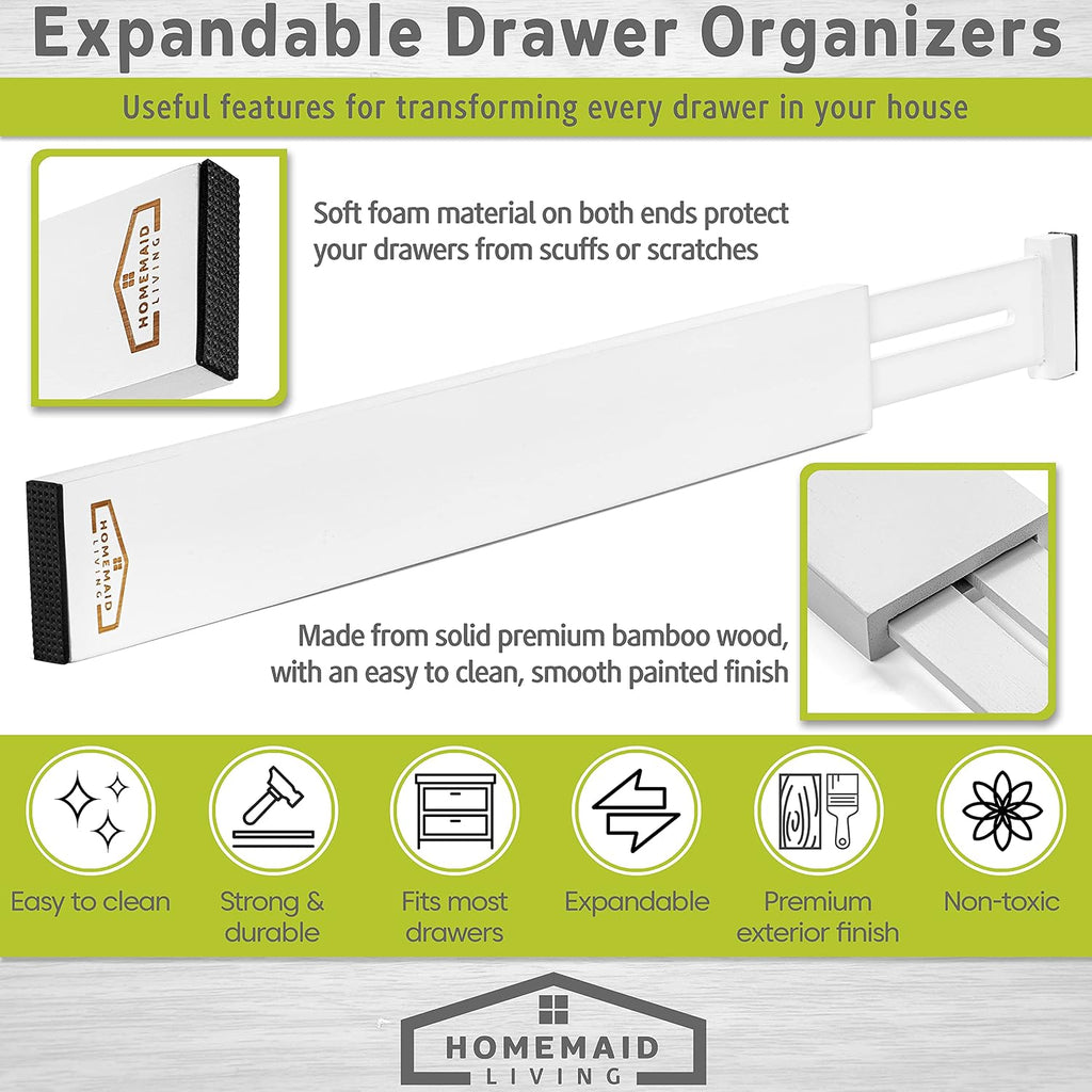 Bamboo Drawer Dividers, Adjustable & Expandable, 4 Pack, White, Kitchen, Bathroom & Office Drawer Organizer (4pk)