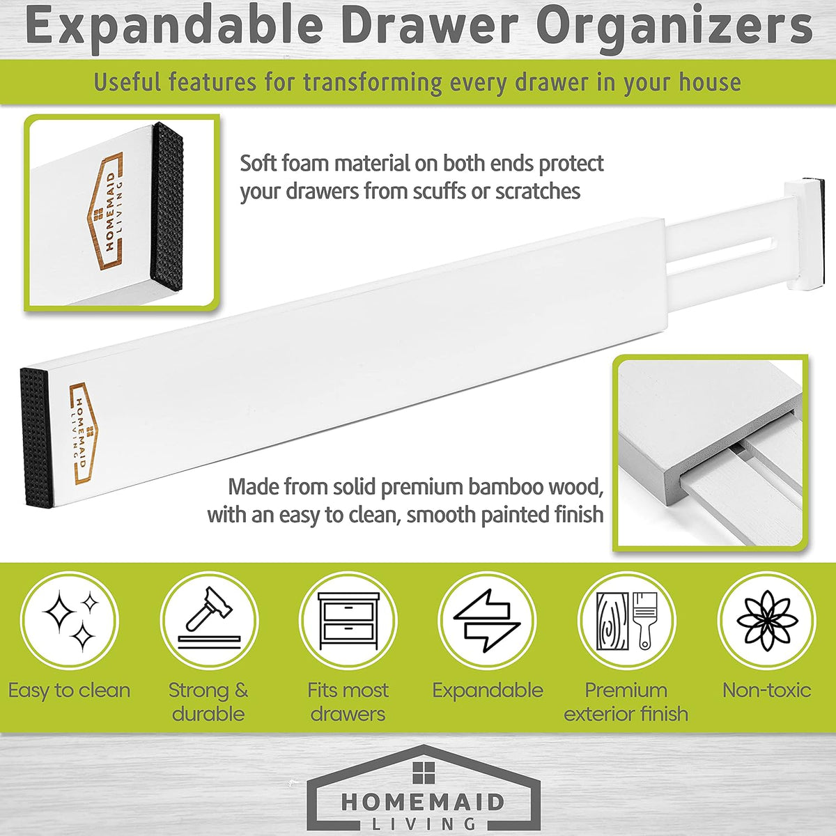 Bamboo Drawer Dividers, Adjustable & Expandable, 4 Pack, White, Kitchen, Bathroom & Office Drawer Organizer (4pk)