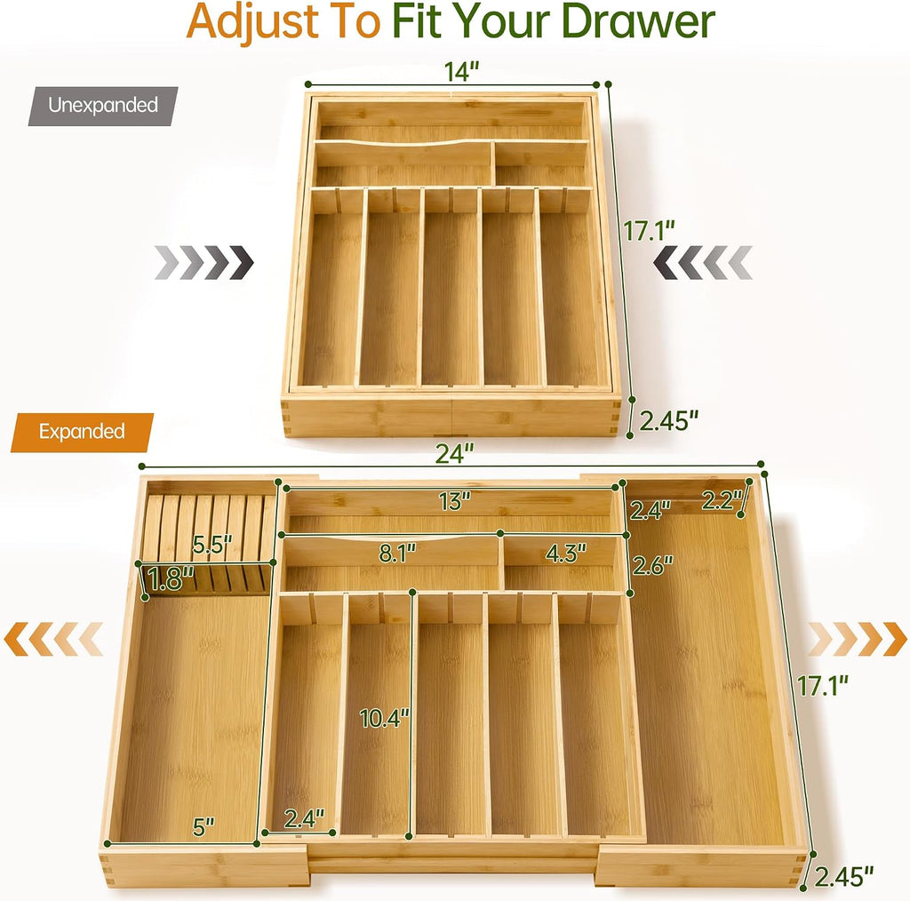 Bamboo Expandable Silverware Drawer Organizer, Removable Knife Block