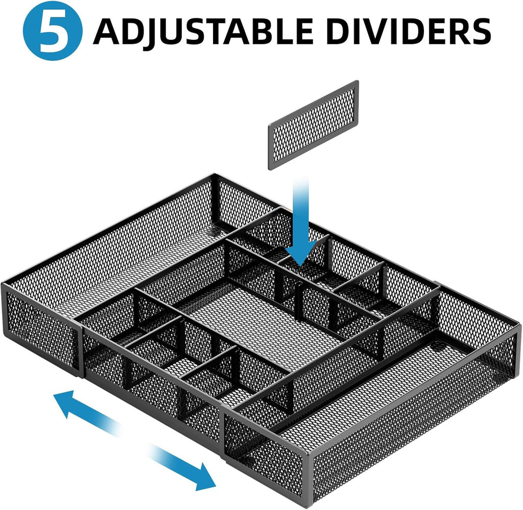 Marbrasse Expandable Desk Drawer Organizer, Mesh Drawer Organizer Tray with 10 Adjustable Compartments, Desk Organizers and Accessories, 5 Dividers Drawer for Office Supplies, Makeup & Vanity (Black)
