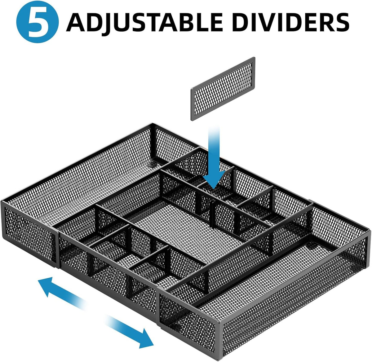 Marbrasse Expandable Desk Drawer Organizer, Mesh Drawer Organizer Tray with 10 Adjustable Compartments, Desk Organizers and Accessories, 5 Dividers Drawer for Office Supplies, Makeup & Vanity (Black)