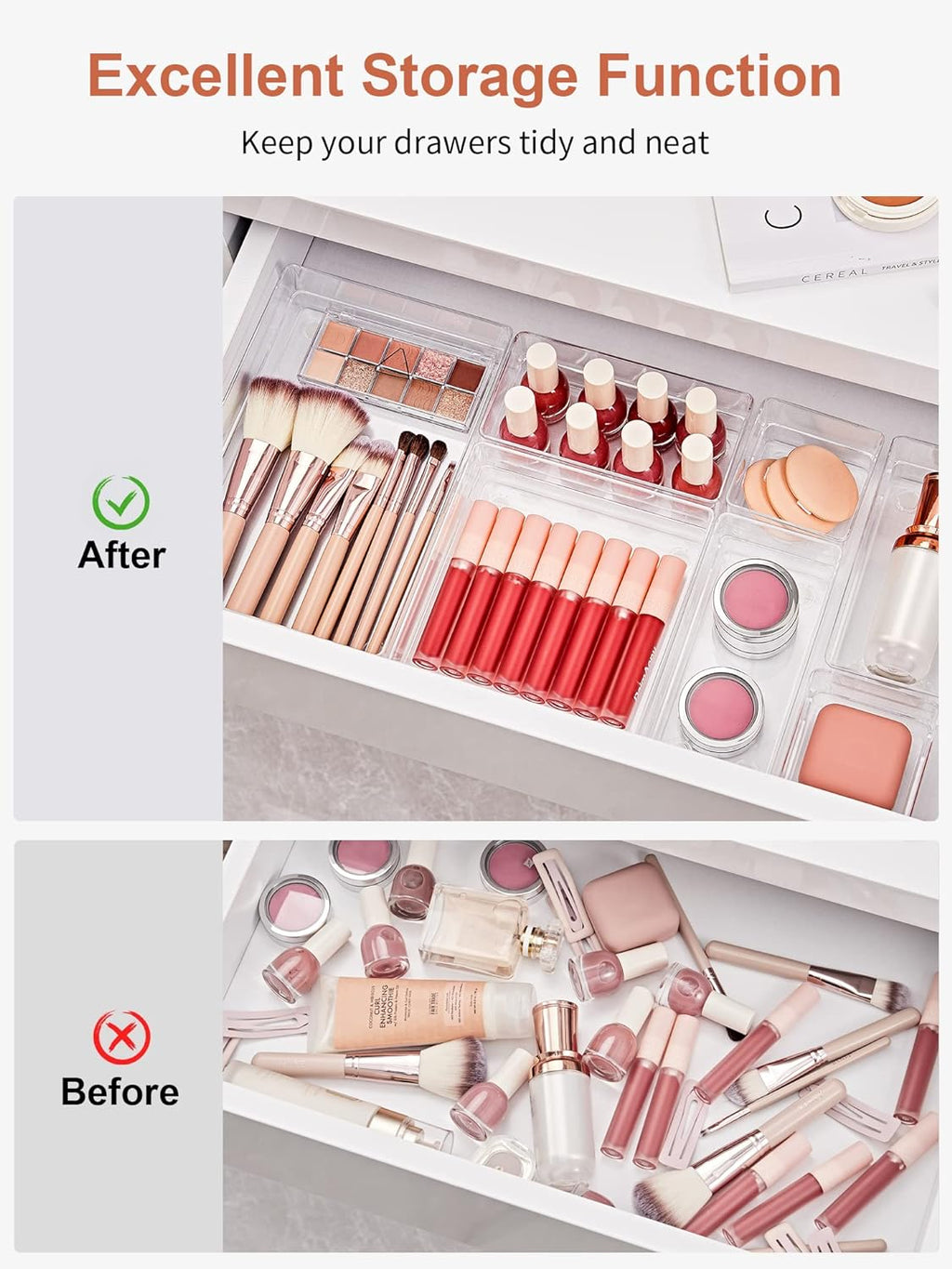 SMARTAKE 13 PCS Drawer Organizer 5-Size Desk Makeup Drawer Organizer Clear