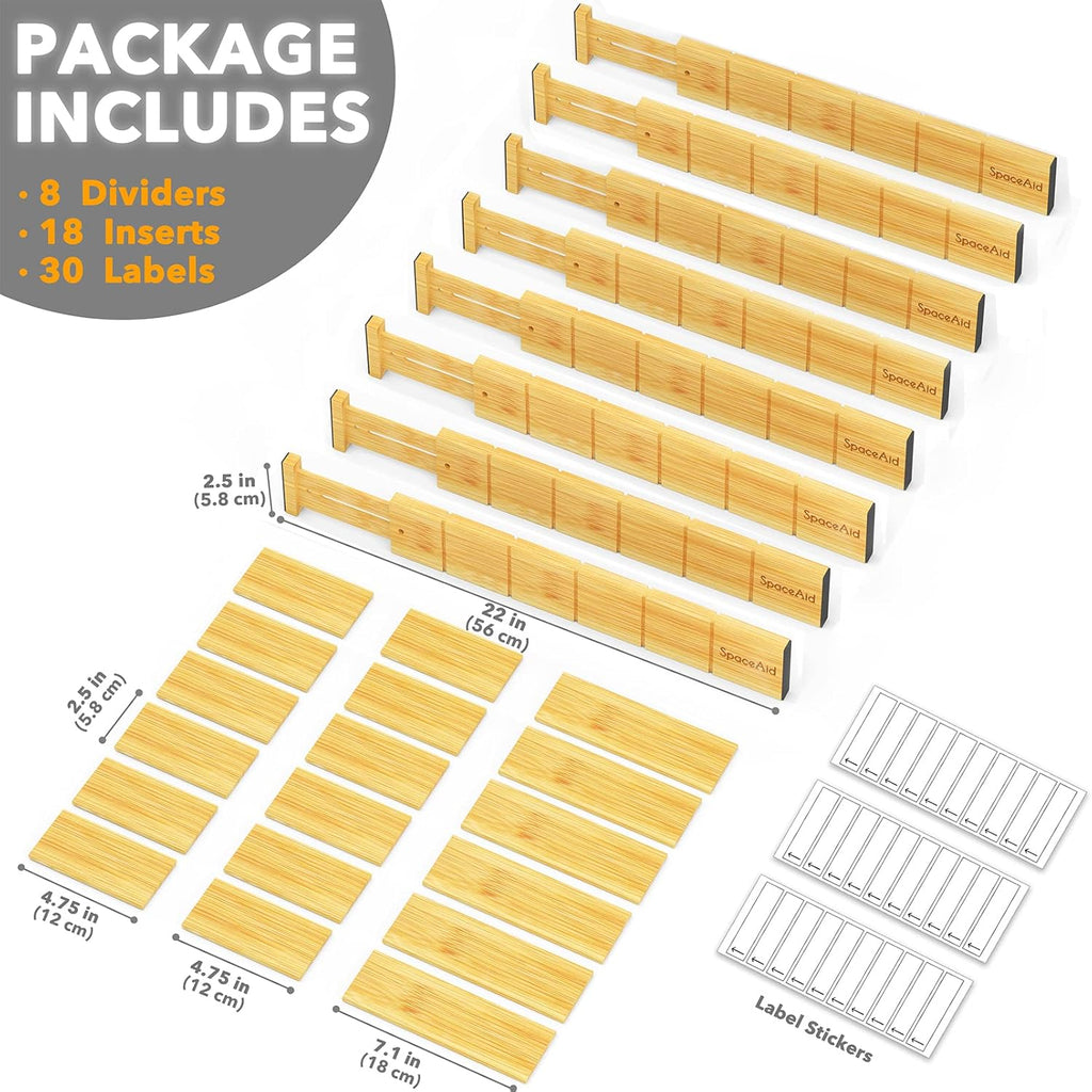 SpaceAid Bamboo Drawer Dividers with Inserts and Labels, Kitchen Adjustable Drawer Organizers, Expandable Organization for Home, Office, Dressers and Bathroom, 8 Dividers with 18 Inserts (17-22 in)
