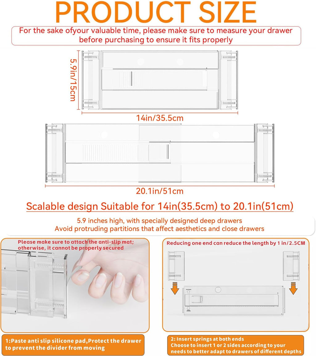 Yieach 4 Pack Clear Acrylic Drawer Divider 6 Inch High,Expandable from 14-20'',Adjustable Dresser Drawer Dividers for Baby Clothing,Underwear and Sock,Separators,Deep Drawer Separators for Kitchen