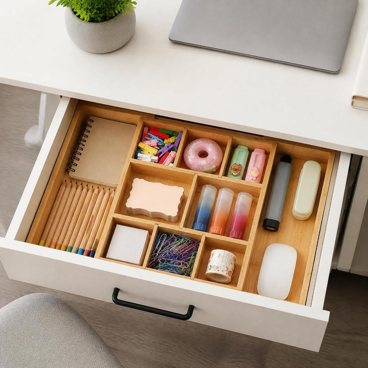 Bamboo Drawer Organizer Expandable Desk Storage Set, 10 Adjustable Compartment Junk Drawer Divider and Trays Containers for Kitchen Utensil, Office Supplies, Makeup, Jewelry & Cosmetics Organization